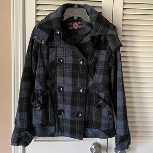 Plaid button up coat with removable hood